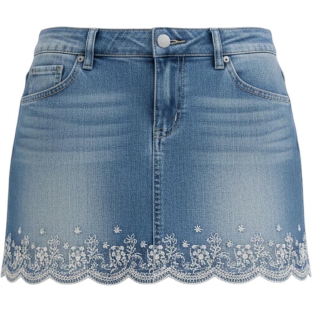 Rue 21 Y2K Denim Mini Skirt with White Floral Embroidered Scallop Hem Size 5